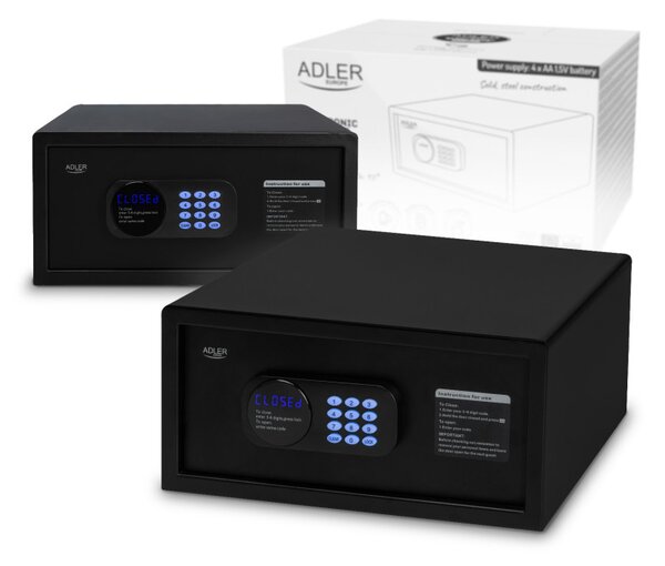 Електронен сейф Adler AD 1045, 200x420x370 мм, 14 л, Блокиране след 4 грешни опита, Предупреждение за изтощена батерия, Черен