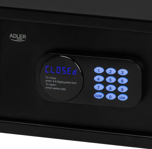 Електронен сейф Adler AD 1045, 200x420x370 мм, 14 л, Блокиране след 4 грешни опита, Предупреждение за изтощена батерия, Черен
