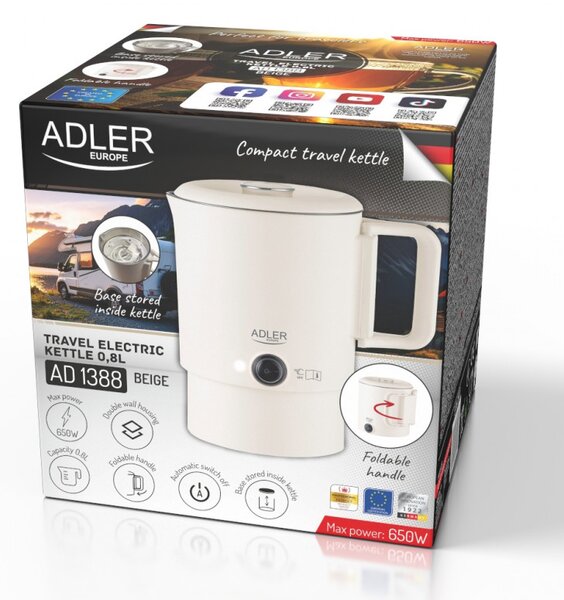 Електрическа кана за туризъм Adler AD 1388b, 650W, 0.8 л, Сваляем капак, Въртяща се основа, Бежов
