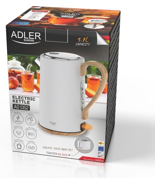 Електрическа кана Adler AD 1352, 2200W, 1.7 л, STRIX, Въртяща се основа, Автоматично изключване, Бял
