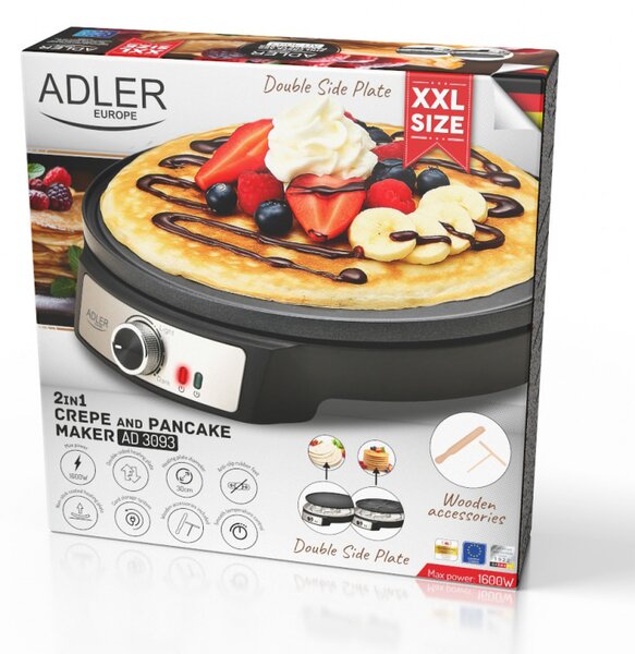 Уред за палачинки Adler AD 3093, 1600W, 30 см, Включени прибори, Черен/Инокс