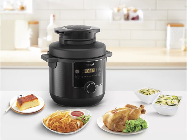 Мултикукър под налягане Tefal Turbo Cuisine & Fry CY778830, 70 kPa, 1200W, 7.6 л, 15 програми, Незалепващо покритие, Поддържане на топлина, Дигитален контрол, Черен