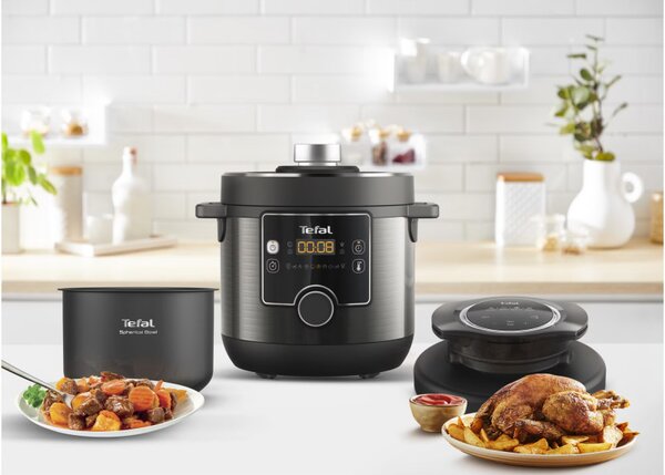 Мултикукър под налягане Tefal Turbo Cuisine & Fry CY778830, 70 kPa, 1200W, 7.6 л, 15 програми, Незалепващо покритие, Поддържане на топлина, Дигитален контрол, Черен