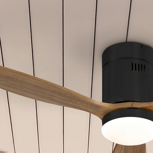 Schuller Valencia LED вентилатор за таван Siroco Mini, DC, тих, черен/орех, Затъмняване, Дърво, Дневна/трапезария, Дървесина, Модерен
