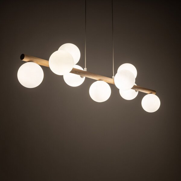 TK Lighting Висящо осветление Estera, опалово стъкло, дърво, девет светлини, Затъмняване, Дърво, Дневна/трапезария, Стъкло, Глобус