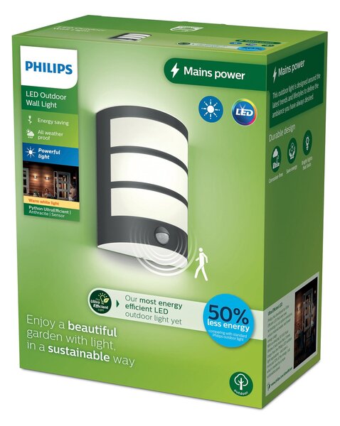 Philips LED външна стенна лампа Python UE, антрацит, сензор, Черен, Неръждаема стомана, Модерен