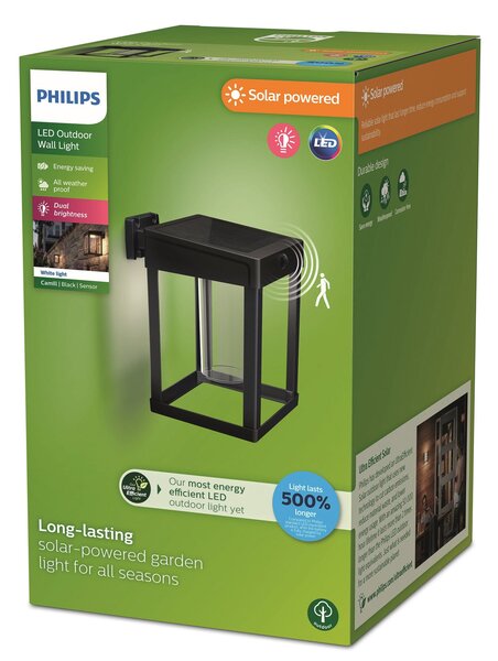 Philips Слънчева сензорна лампа за стена Camill черна/прозрачна 14 x cm, Черен, Пластмаса, Модерен, Фенер