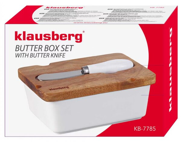 Керамична кутия за масло с нож Klausberg KB 7785, Акациево дърво, Неръждаема стомана, Бял/кафяв