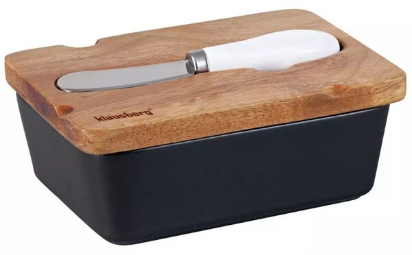 Керамична кутия за масло с нож Klausberg KB 7784, Акациево дърво, Черен/кафяв