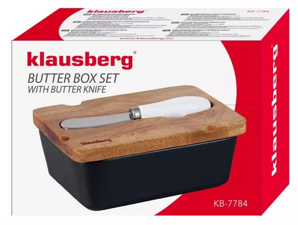 Керамична кутия за масло с нож Klausberg KB 7784, Акациево дърво, Черен/кафяв
