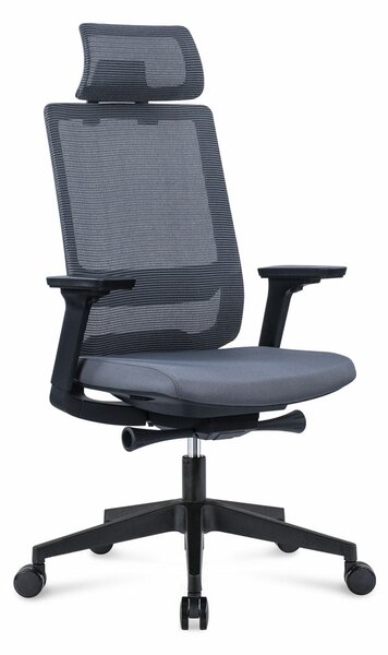 Работен стол RFG Meteor X Black HB, до 130кг, дамаска/меш, люлеещ механизъм, коригиране на височината и дълбочината, лумбална опора, сив