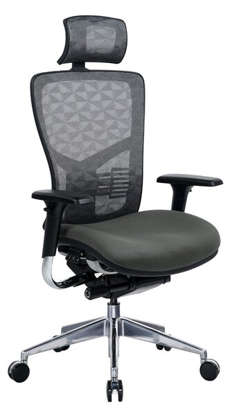 Работен стол RFG TECH@PRO, до 250кг, дамаска/меш, алуминиева база, Multi-function механизъм, коригиране на височината и дълбочината, лумбална опора, заключване на облегалката, сив