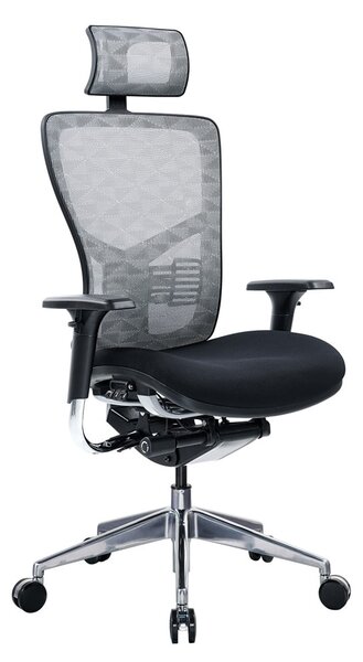Работен стол RFG TECH@PRO, до 250кг, дамаска/меш, алуминиева база, Multi-function механизъм, коригиране на височината и дълбочината, лумбална опора, заключване на облегалката, черно-сив