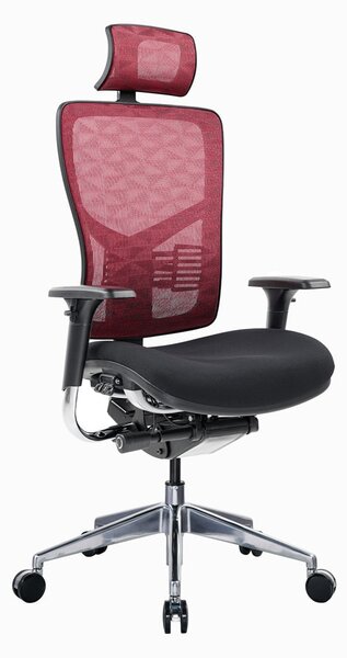 Работен стол RFG TECH@PRO, до 250кг, дамаска/меш, алуминиева база, Multi-function механизъм, коригиране на височината и дълбочината, лумбална опора, заключване на облегалката, черно-червен