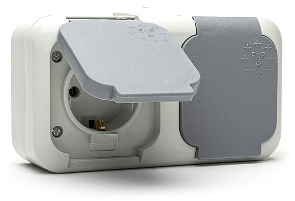 Контакт Двоен Хоризонтален ЕВРО НК, ШУКО 2x2P+T, Сив, 16A, 250V, ПКОМ, IP44