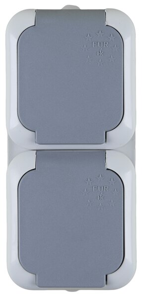 Контакт Двоен Вертикален ЕВРО НК, ШУКО 2x2P+T, Сив, 16A, 250V, ПКОМ, IP44