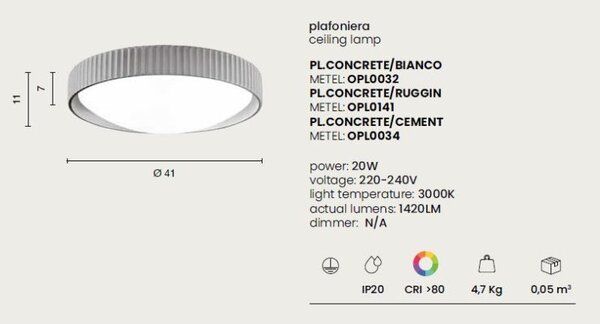 CONCRETE Плафон 20W 3000K Ф410mm Сив