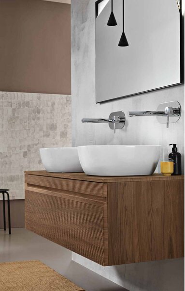 RIO Шкаф за баня 120см с едно чекмедже teak + 2бр. SQUARE Керамична мивка за плот