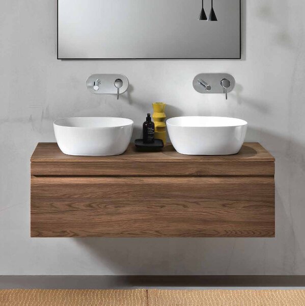 RIO Шкаф за баня 120см с едно чекмедже teak + 2бр. SQUARE Керамична мивка за плот
