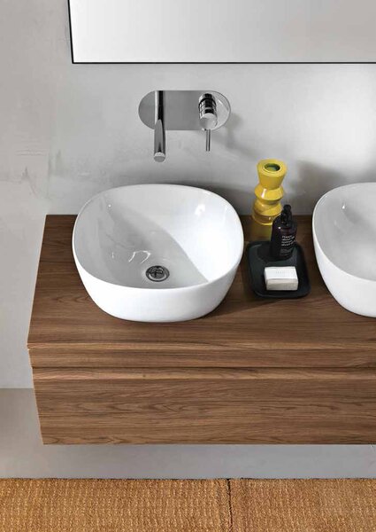 RIO Шкаф за баня 120см с едно чекмедже teak + 2бр. SQUARE Керамична мивка за плот