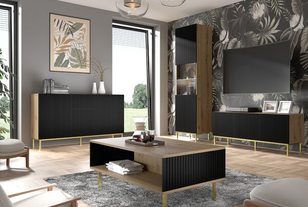 ТВ шкаф Ravenna B 150 3D фрезован фолиран MDF, дъб артисан/черно