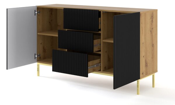 Комод Ravenna B 150 2D3S фрезован фолиран MDF, дъб артисан/черен мат/злато