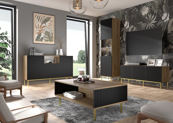 ТВ шкаф Ravenna B 150 3D фрезован фолиран MDF, дъб артисан/черно