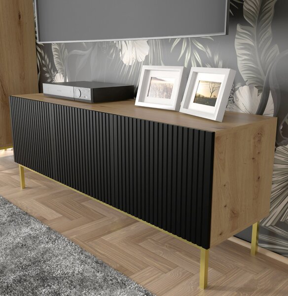 ТВ шкаф Ravenna B 150 3D фрезован фолиран MDF, дъб артисан/черно