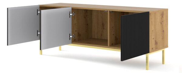 ТВ шкаф Ravenna B 150 3D фрезован фолиран MDF, дъб артисан/черен мат/злато