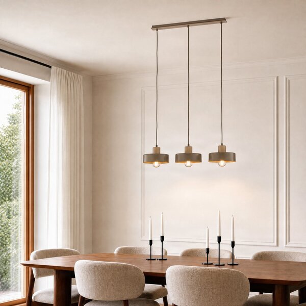EMIBIG LIGHTING Висяща лампа „Торин“, бежова, дължина 80 см, с 3 лампи, метал/дърво, Затъмняване, Бежов, Дневна/трапезария, Метал, Скандинавски