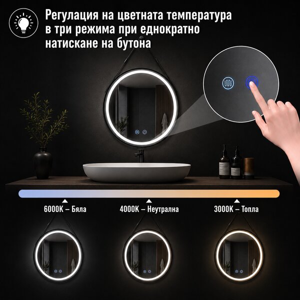Огледало за баня с LED осветление и функция против изпотяване Сенара- 70x70см