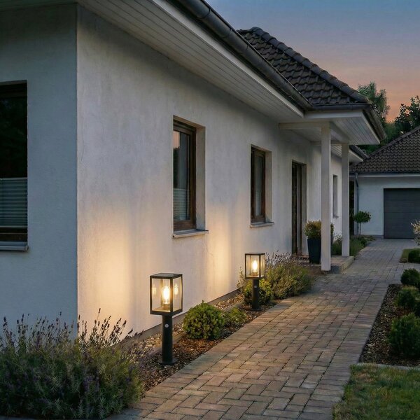 Lindby LED осветление за пътеки Relto, сензор, колче, 50 cm, Черен, Стъкло, Модерен, Соларно осветление