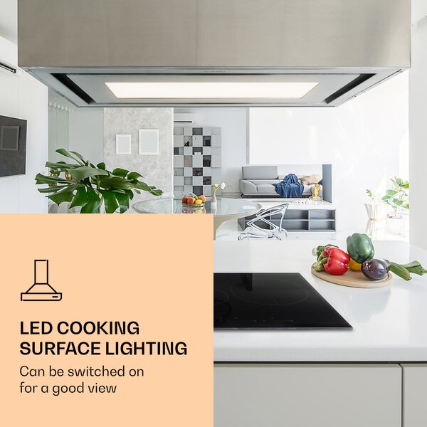 Klarstein Remy Brilliant Edition, островен абсорбатор, 90 см, 609 м³ / ч, EEK A, LED, стъкло, неръждаема стомана