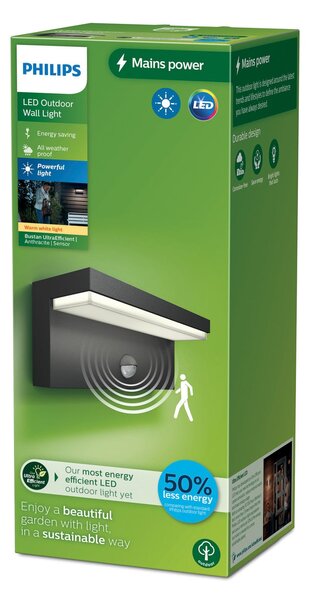 Philips LED външна стенна лампа Bustan UE, сензорна, 2 700 K, Черен, Алуминий, Модерен, Стенна ъглова