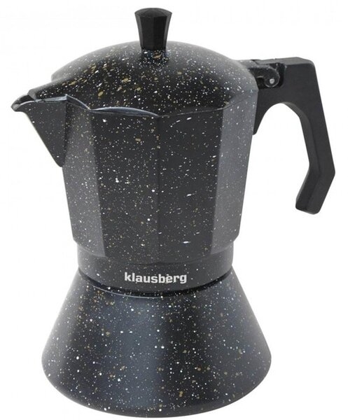 Кубинска кафеварка Klausberg KB 7160, 9 чаши, 450 мл. вместимост, топлоустойчива дръжка, алуминиев корпус, черно мраморно покритие, вграден предпазен клапан, черна