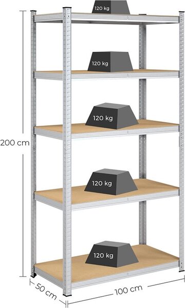 Рафт Songmics, 5 рафта, 50 x 100 x 200 см, Сребрист, GLR050E01
