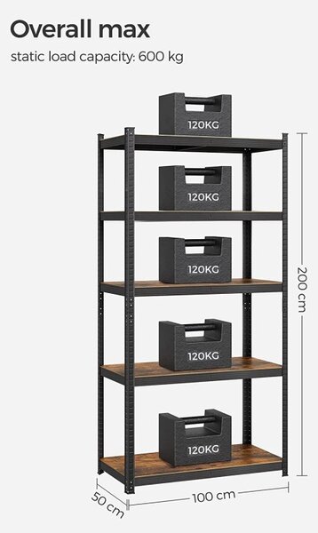 Рафт Songmics, 5 рафта, 50 x 100 x 200 см, Кафяв, GLR050B11