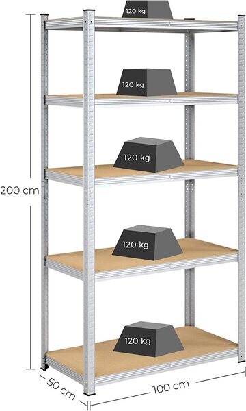 Рафт Songmics, 5 рафта, 50 x 100 x 200 см, Сребрист, GLR050E01