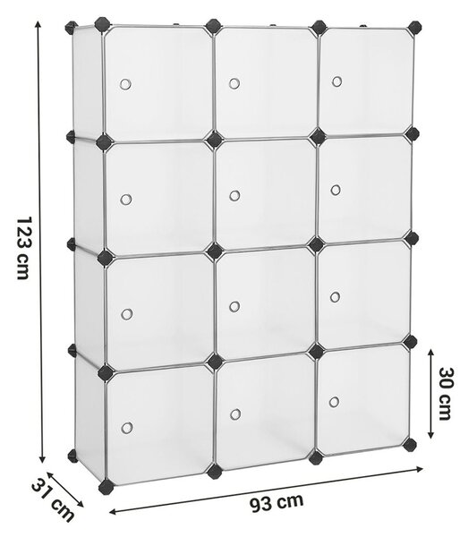 Органайзер за съхранение с 12 кубчета, пластмасов шкаф с врати, рафт за обувки, стелаж за дрехи, обувки, играчки, книги, лесен за сглобяване, ‎30 x 30 х 30 см, бял SONGMICS