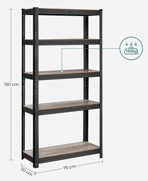 Рафт Songmics, 5 рафта, 30 x 75 x 150 см, Черен, GLR030B11