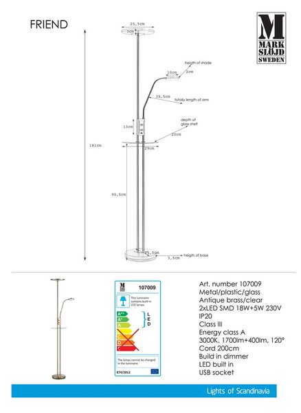 Свободностояща LED лампа в месинг Uplight Friend - Markslöjd