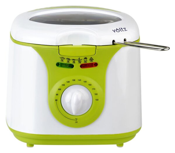 Фритюрник Voltz V51980A, 2 литра, 1300W, 80-190 C, Незалепващ съд, Бял/зелен