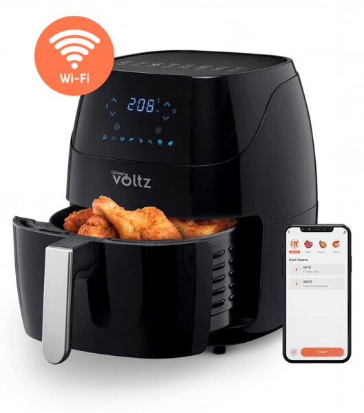 Фритюрник AirFryer Oliver Voltz OV51980Q, Wi-Fi, 1500W, 5 л, 8 програми, Горещ въздух, Таймер, Черен