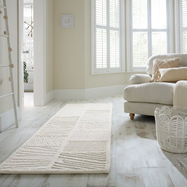 Бяла ръчно изработена пътека със смес от вълна 80x230 cm Sculptured Blocks – Flair Rugs