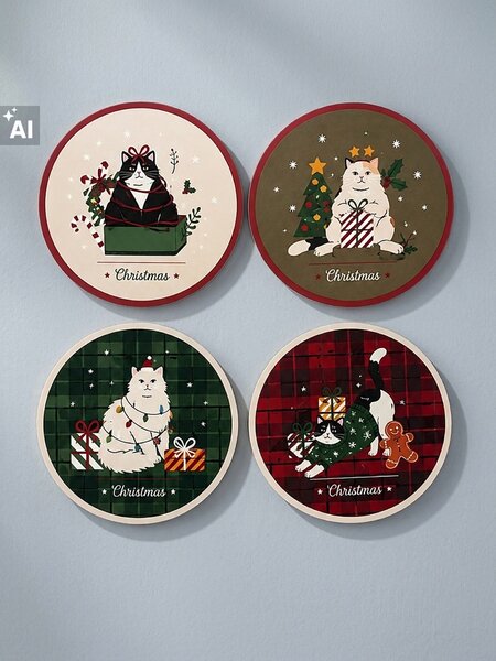 Sinsay - Коледни подложки за чаши с котки 4 pack - червeн