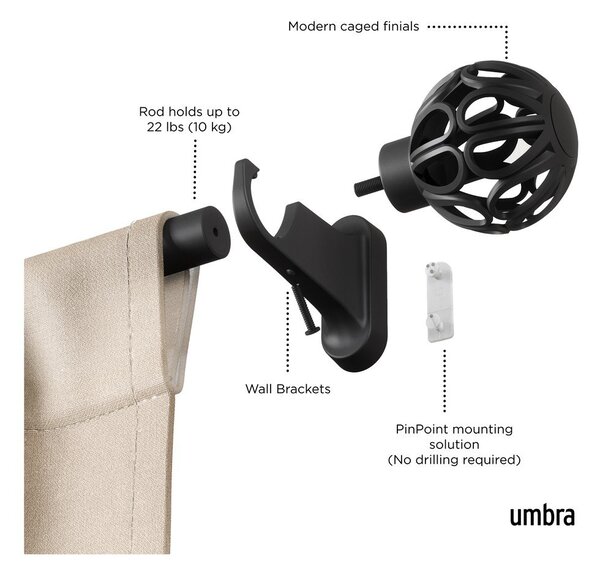 Матово черно стоманен разширяем прът за завеси 107 - 305 cm Aria – Umbra