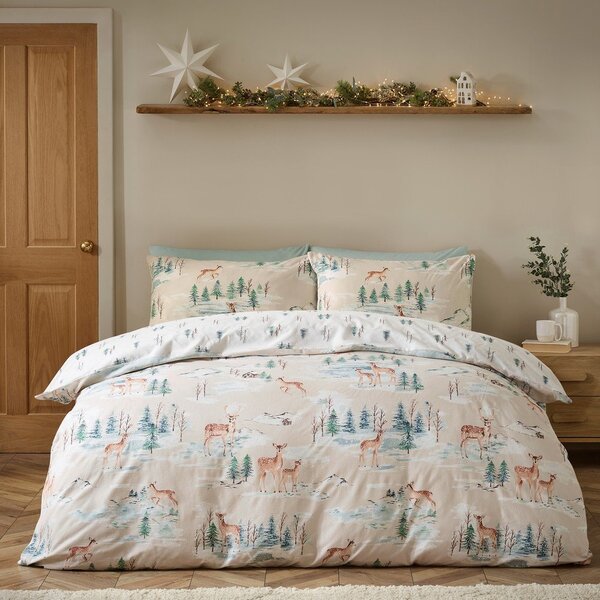 Единично фланелено спално бельо в естествен цвят 135x200 cm Brushed Christmas Deer – Catherine Lansfield
