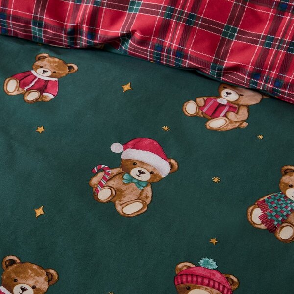 Червено/тъмнозелено единично спално бельо 150x120 cm Christmas Tartan Teddy Bear – Catherine Lansfield