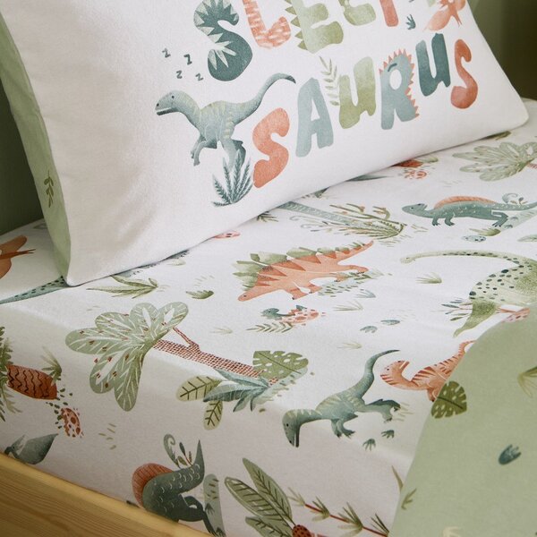 Кремав еластичен единичен фланелен детски чаршаф 90x190 cm Brushed Sleepy Saurus Dino – Catherine Lansfield