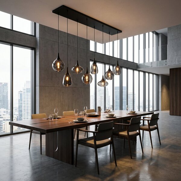 Trio Lighting Висящо осветително тяло Lumina, 8 лампи, черно/хром, стъкло, Затъмняване, Черен, Дневна/трапезария, Стъкло